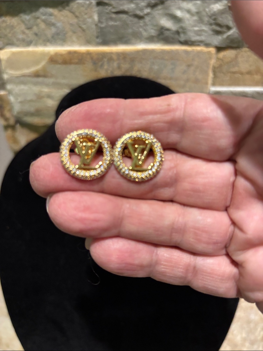 Gold Tone LV Logo Crystal Stud Earrings